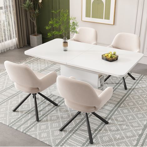 CHICFURN Tavolo da pranzo estensibile con 4 sedie in tessuto bianco e vano portaoggetti (1/5)