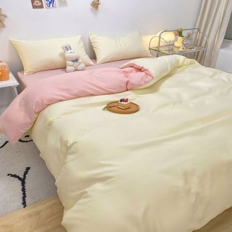 Housse de couette unie lavée en coton respirant, ensemble 4 pièces rose crème 1,5m avec taies d'oreiller (1/5)