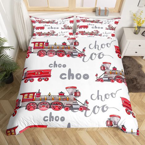 Parure de lit en microfibre avec housse de couette 135 x 200 cm + 80 x 80 x 1 cm, motif train imprimé train routière, motif dessin animé, pour enfant, garçon et fille, multicolore 50 (1/5)