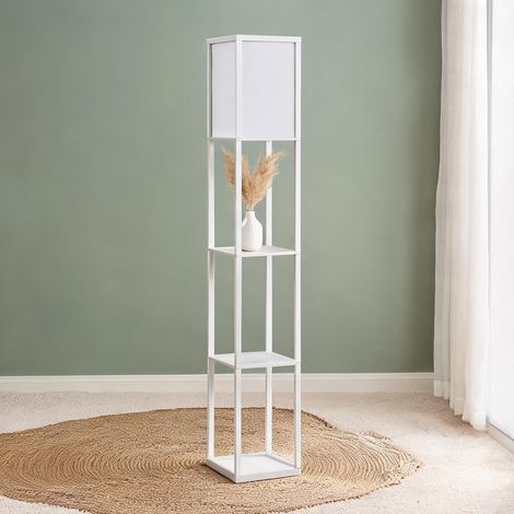 Lampadaire en bois avec étagères et abat-jour tissu 160 cm (1/5)