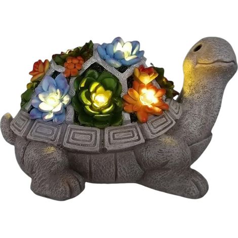 Resin Outdoor Garden Turtle Statue - with Succulent Plants and 7 Solar Powered LED Lights Gift Idea for Women Men Mom Cute Home Balcony Terrace Decoration, Multicolor