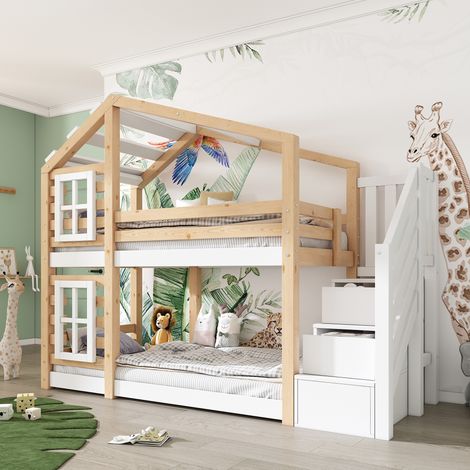 Cama Litera 90x200 Cm Estructura Almacenes Natural Y Blanco (1/5)