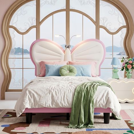 Lit Enfant 90x190 cm avec liseuse LED et USB, Lit capitonné avec Sommier, Tête de Lit Papillon Design Mignon Rose (1/5)