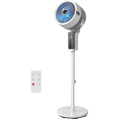 Ventilateur sur pied silencieux 20 dB pour chambre, télécommande, circulateur d'air, oscillation 90°, 8 vitesses, minuterie 12H, lumière LED, hauteur réglable, blanc