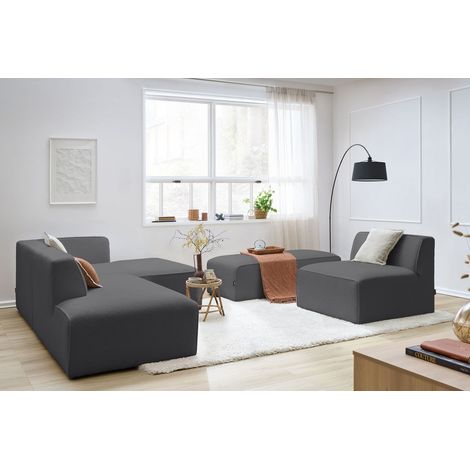 BOBOCHIC - Canapé d'angle fixe modulable MEGEVE tissu bouclette avec 1 chauffeuse et 1 pouf Angle droit  Gris foncé (1/5)