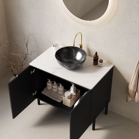 Meuble lavabo sur pied 76 cm avec meuble 2 portes rayé noir - Avec vasque effet pierre noire (1/5)