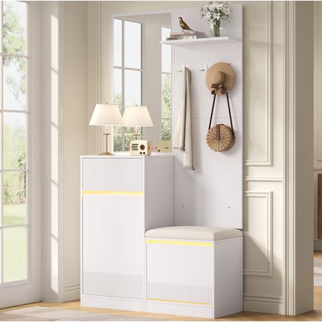 Garde-robe d’entrée avec meuble à chaussures, miroir et LED, blanc, 105x38x190 cm (1/5)
