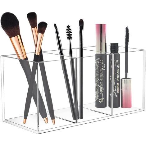 Pot à Crayon en Acrylique Transparent, 3 Compartiments Porte Stylo Bureau Transparent, Rangement Pinceaux Maquillage, Pot a Pinceau de Maquillage pour Papeterie Cosmétiques Pinceau (1/5)