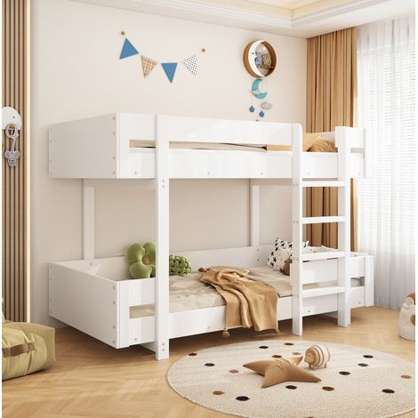 Letto a castello bambini 90x200 cm con scala e sponda di sicurezza, in legno bianco, materasso non incluso (1/5)