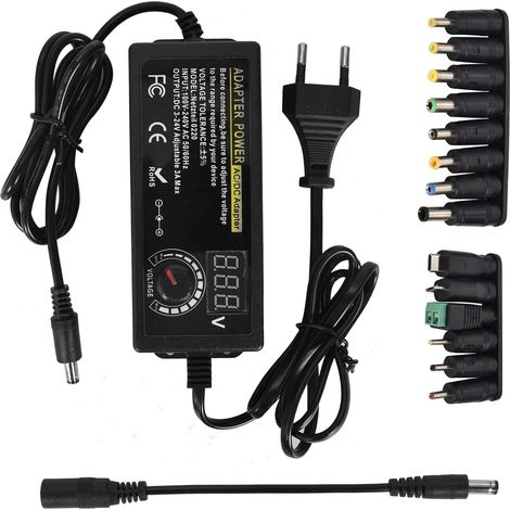 324V Adaptateur Alimentation Réglable, Adaptateur Secteur Universel Convertisseur, 100V-240V AC à DC 5A avec 14 Connecteurs, pour électroniques Ménagers 3V24V et la Bande LED, 3A Max (1/5)