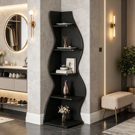 Mueble de almacenamiento esquinero de 5 niveles, estantería de pie de madera, negro DESVIAE (1/5)