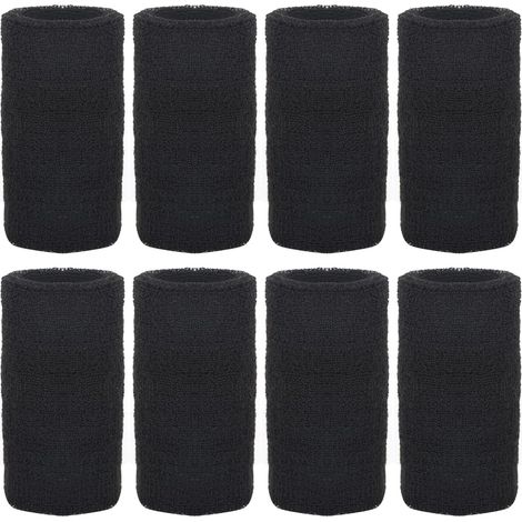 Lot de 8 bandeaux noirs anti-transpiration pour poignets, bandeaux en coton extensible absorbant la transpiration pour le tennis, le basketball, le football et la course à pied (15 cm)