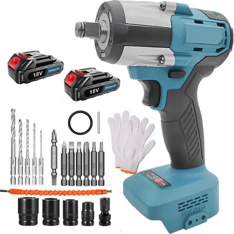 Avvitatore a impulsi senza fili con coppia elevata di 500 Nm, motore brushless con 2 batterie da 3,0 Ah e 4 bussole per dadi delle ruote di auto, camper e camion.