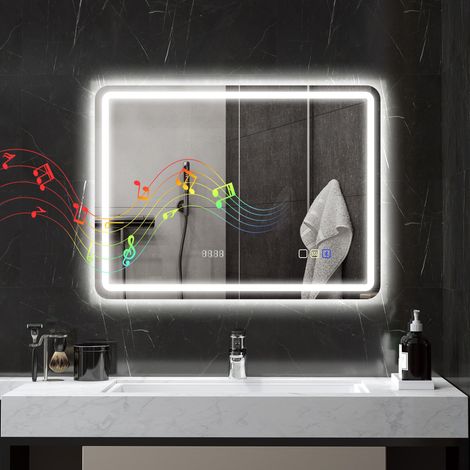 Miroir salle de bain Bluetooth avec éclairage LED 60 x 80 cm, miroir lumineux mural avec horloge, antibuée, argenté (1/5)