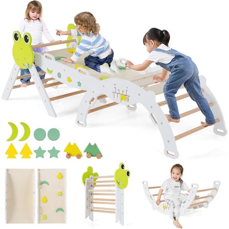 COSTWAY 7 in 1 Set da Arrampicata per Bambini, Giocattoli da Arrampicata in Legno con Rampa Scala e Arco, Gioco del Labirinto, Giochi Montessori per Bambini 1 Anni + (Rana 3 pezzi, Bianco) (1/5)