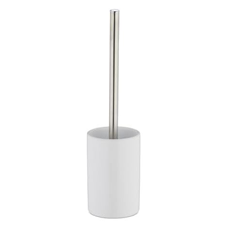 Ensemble WC en céramique Relaxdays, porte-brosse WC avec brosse intégrée, tête de brosse remplaçable, sur pied, 36 cm, blanc (1/5)