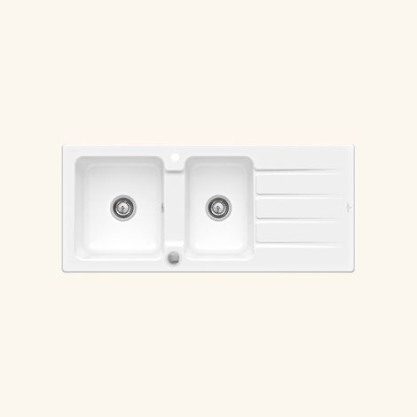 Villeroy & Boch – Évier céramique blanc 2 bacs 1 égouttoir – Pose à encastrer – Bonde et siphon inclus – Dimensions 1160x510mm