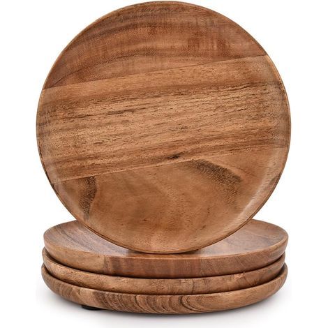 Set mit 4 runden Tellern aus Akazienholz, leicht zu reinigen und leicht - Für Mahlzeiten, Snacks, Desserts (18 x 18 x 2,5 cm) (1/5)