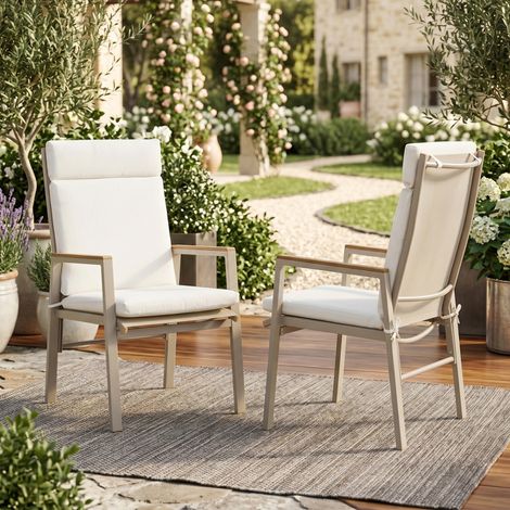 Deux chaises de salle à manger, chaises de jardin confortables et respirantes, accoudoirs en composite bois-plastique, assise en Teslin, structure en fer galvanisé, kaki et beige (1/5)