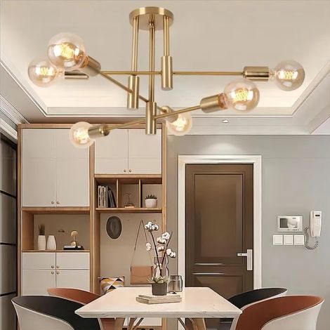 Fusion Rétro Lampe Plafonnier Luminiare Vintage Industrielle 6 têtes Cuivre Lustre Eclairage pour Salle à Manger Chambre Salon (1/4)