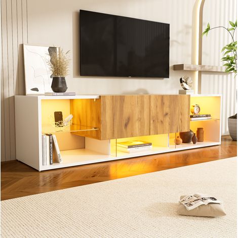 Mueble TV 160x40x42 cm blanco y roble natural en tablero de partículas con LED regulable, 2 cajones y estantes de vidrio (1/5)