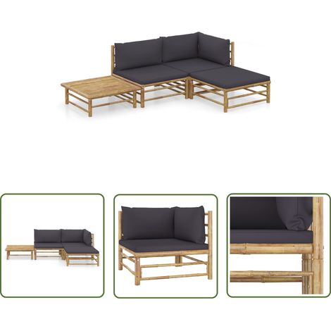 INLIFE Salon de jardin 4 pcs avec coussins gris foncé Bambou (1/5)