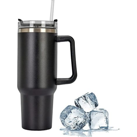 Isolierbecher (1,2 l) mit Henkel – Schwarz, Edelstahl-Kaffeebecher mit Strohhalm und Deckel, doppelwandige Vakuumisolierung für unterwegs, wiederverwendbares Glas (1/4)
