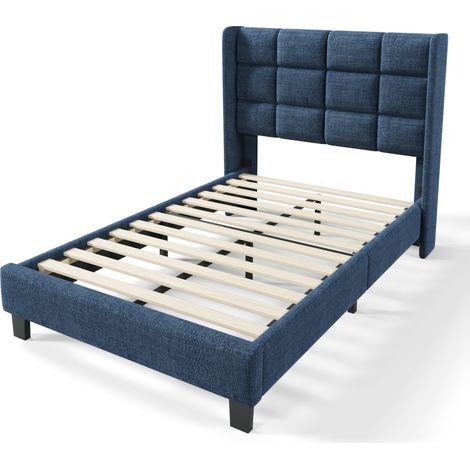 Letto singolo imbottito 90x200 cm in tessuto blu con rete a doghe e testiera alta HOMVRA (1/5)