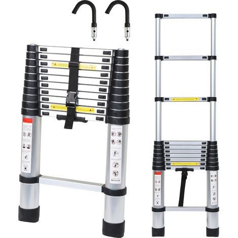 SWANEW Teleskopleiter Alu Leichtgewicht Rutschfester 3,2m Silber + Haken Multifunktionsleiter Mehrzweckleiter Ausziehbare Leiter 15 Stufe Stehleiter aus Hochwertigem Aluminium Belastbarkeit 150KG