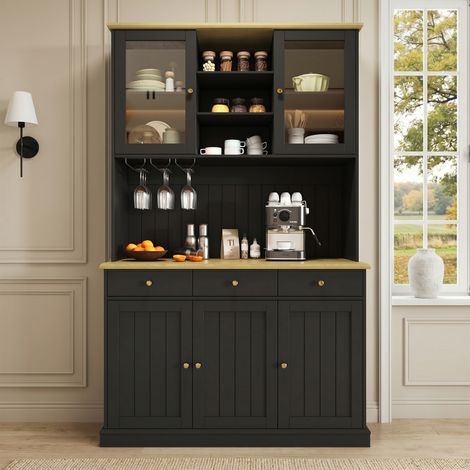 Buffet haut 190 cm avec porte-gobelet et étagères réglables Buffet en bois avec Rangement multifonctionnel 2 prises et USB-A/C Noir (1/5)