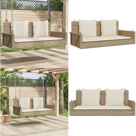 Balancelle avec coussins beige 119x56x48 cm résine tressée - Balancelle De Jardin - Banc De Jardin - Chaise Suspendue - Fauteuil Suspendu - Mobilier Extérieur - Home & Living