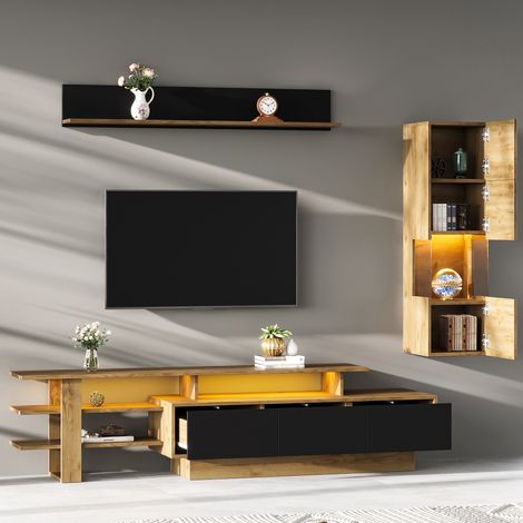 Ensemble meuble TV mural LED 3 pièces 180 cm avec meuble TV, vitrine et étagère murale, 3 tiroirs, noir et naturel