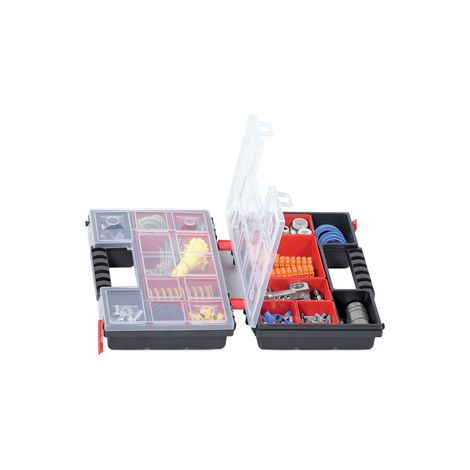 Caja de herramientas, Kistenberg, modelo NORB DUO 30 ROJO KNOS302010B, ideal para piezas pequeñas, con 8 compartimentos ajustables, tapa transparente y asa ergonómica