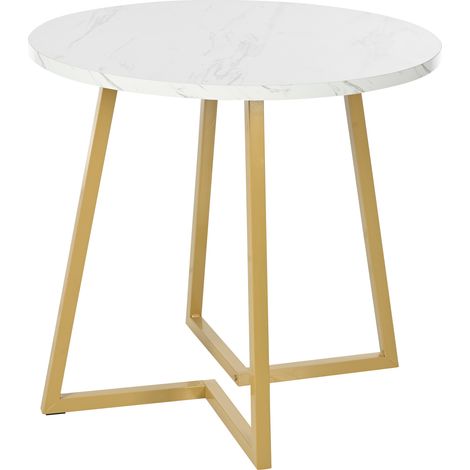 Table à manger ronde avec plateau MDF effet marbre, pied métal réglable, diamètre 80 cm, blanc et or (1/5)