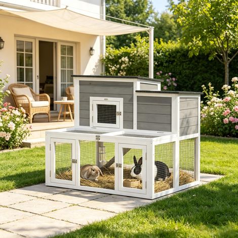 Enclos extérieur en bois pour lapins avec double ouverture de toit, cage intérieure étanche pour lapins, 2 niveaux avec logement (1/5)