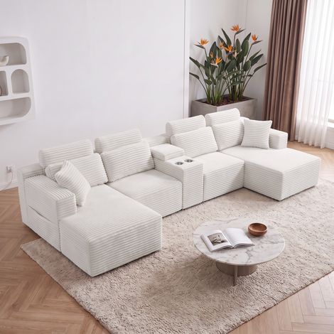Canapé Panoramique Modulable Compressé 6 Places 372x151x80 cm, Forme U, 2 Porte-Gobelets, Sans Structure, Velours Côtelé Beige (1/5)