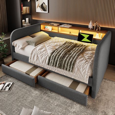 MEUBLIV Lit banquette 140 x 190 cm en lin gris avec LED USB C tête de lit rangements et deux tiroirs design moderne (1/5)