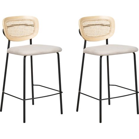 Conjunto de 2 sillas de bar modernas trenza vienesa respaldo de ratán taburetes asiento de poliéster sin reposabrazos patas negras beige claro Mayetta