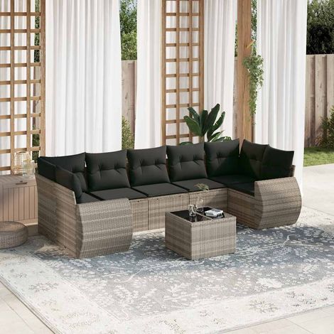 Salon de jardin 8 pièces en résine tressée gris clair avec coussins anthracite - PANGIVO (1/5)