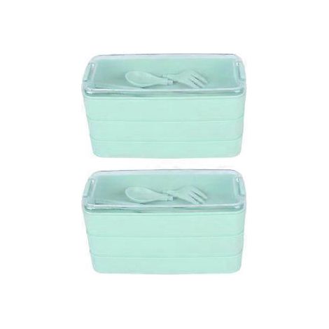 Dreilagige Bento-Lunchbox für draußen, mikrowellengeeignet, mit Gabel und Löffel, Grün