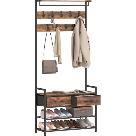 porte-manteau avec crochets à vêtements, Banc À Chaussures, Organisateur D'entrée Industriel, Cadre En Acier, Marron Rustique