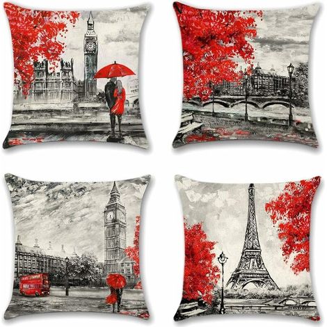 Lot de 4 housses de coussin, housses de coussin décoratives en polyester et lin Housses de coussin de décoration de voiture de canapé 45 x 45 cm (Couple Rouge) (1/2)