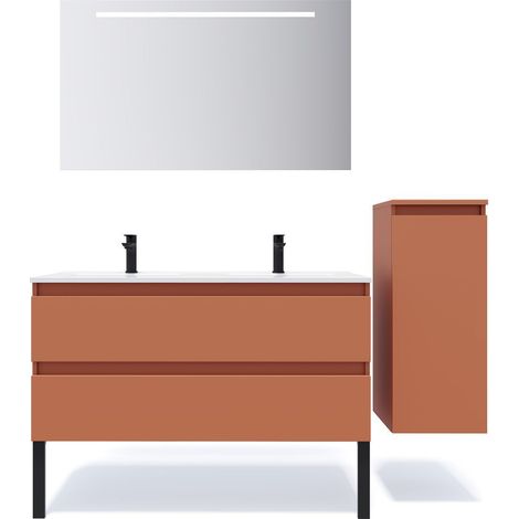 Meuble de salle de bain suspendu double vasque intégrée 120cm 2 tiroirs Terracotta + miroir + colonne ouverture droite - Hudson (1/5)