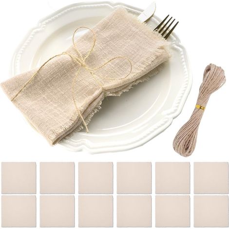 12 Pièces Serviettes de Table en Tissu, 42 x 42cm Serviette Gaze de Coton avec 10M Corde, Serviette Tissu avec Franges pour Mariage, Hôtels, Restaurants, Evénements et Fêtes, Beige (Kaki) (1/5)