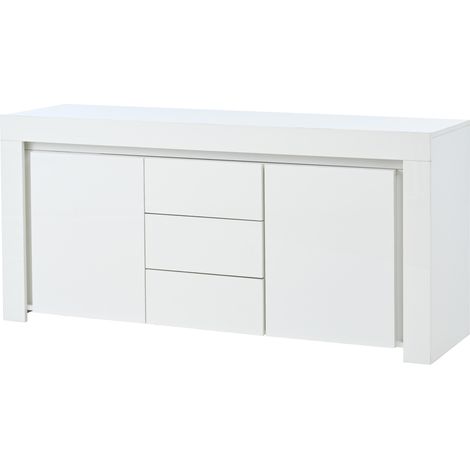 Credenza soggiorno 140 x 40 x 65 cm bianca lucida con 2 ante, 3 cassetti e LED (1/5)