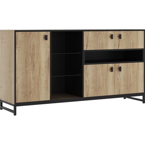 Armoire de rangement moderne et minimaliste avec portes doubles, étagère ouverte, étagères en verre et cloisons intérieures réglables – solution de rangement polyvalente pour salon, salle à manger et (1/5)