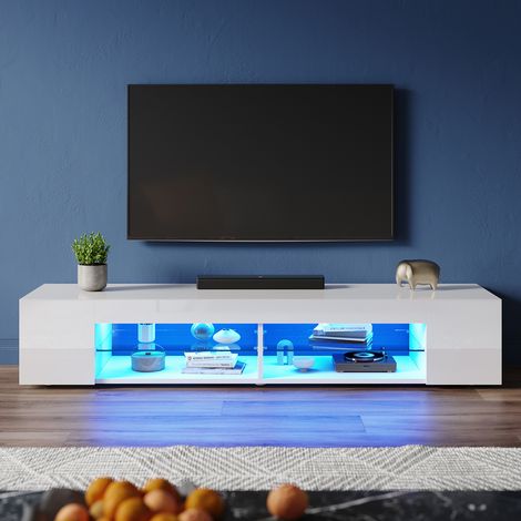 ELEGANT Modern TV Stands with LED Lights, Open Glass Shelves, Suitable for Living Room and Bedroom, White High Gloss, 1600x390x300mm (1/5)