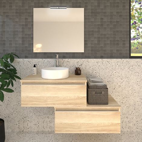 Meuble de salle de bain 2 tiroirs avec vasque à poser ronde - bambou (chêne clair) - PENA et miroir avec applique - 120cm (1/5)