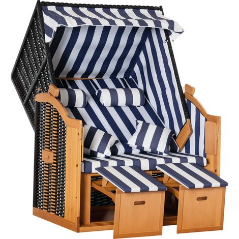 Outsunny Strandkorb Ostsee Volllieger 2-Sitzer Strandkörbe aus Tannenholz, 5-stufige verstellbare Rückenlehne, Strandkorb mit Fußbänkchen Seitentische, PE Geflecht, Strandstuhl für Balkon, Blau+Weiß