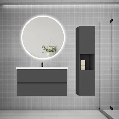 AICA Ensemble meuble vasque L.99cm 2 tiroirs + lavabo + LED miroir rond 100cm + colonne,anthracite (1/5)